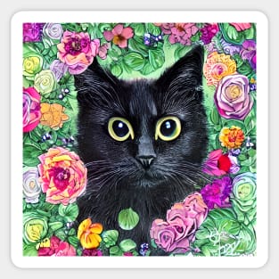 Black Cat In Flowers Sticker